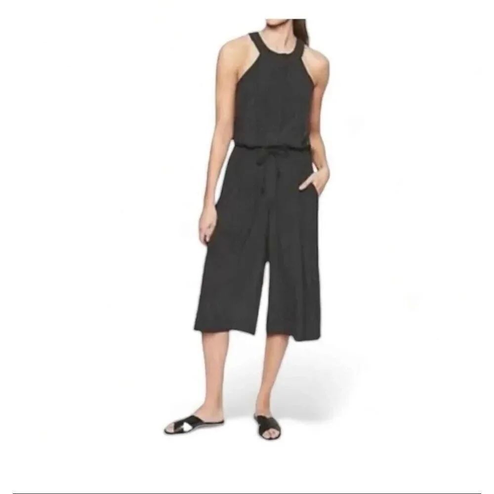 Athleta Mercer Wide Leg Cropped Halter Style Jumpsuit Back Cut Out Black 4